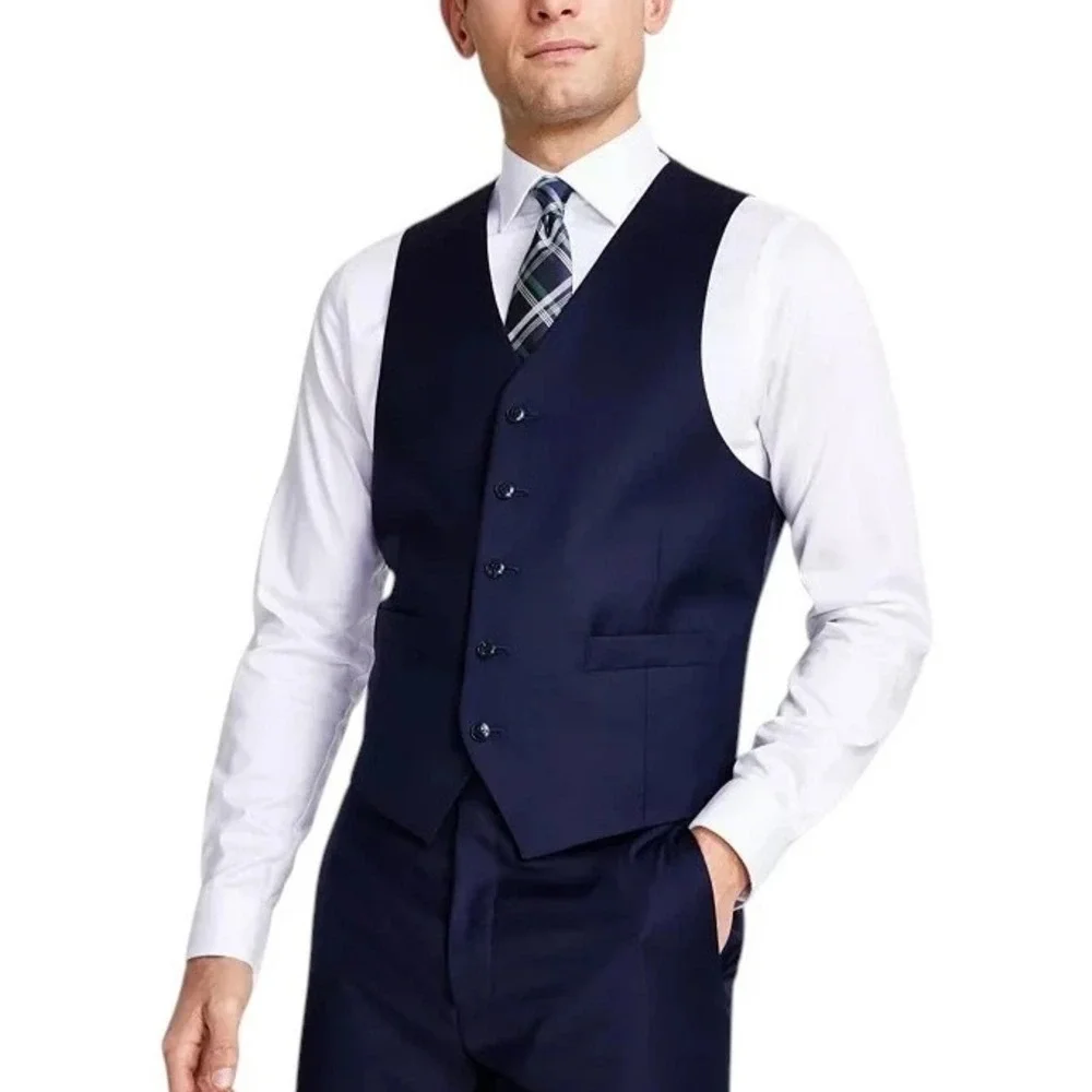 Michael Kors Mens Classic-Fit Wool-Blend Suit Vest Large Navy Blue